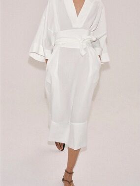 Zara White Wrap Midi Dress with Waist Tie